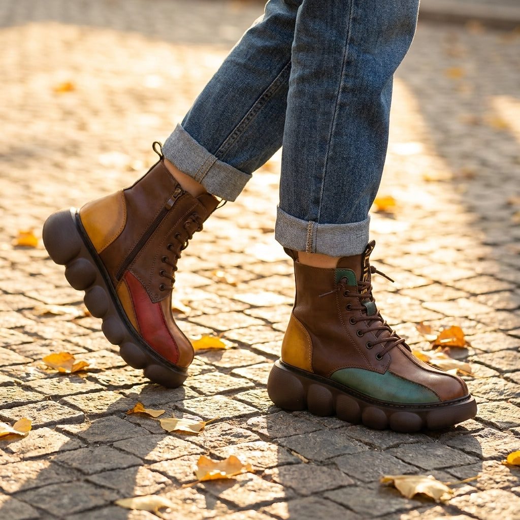 Bottines bohème multicolores portées, ambiance automne