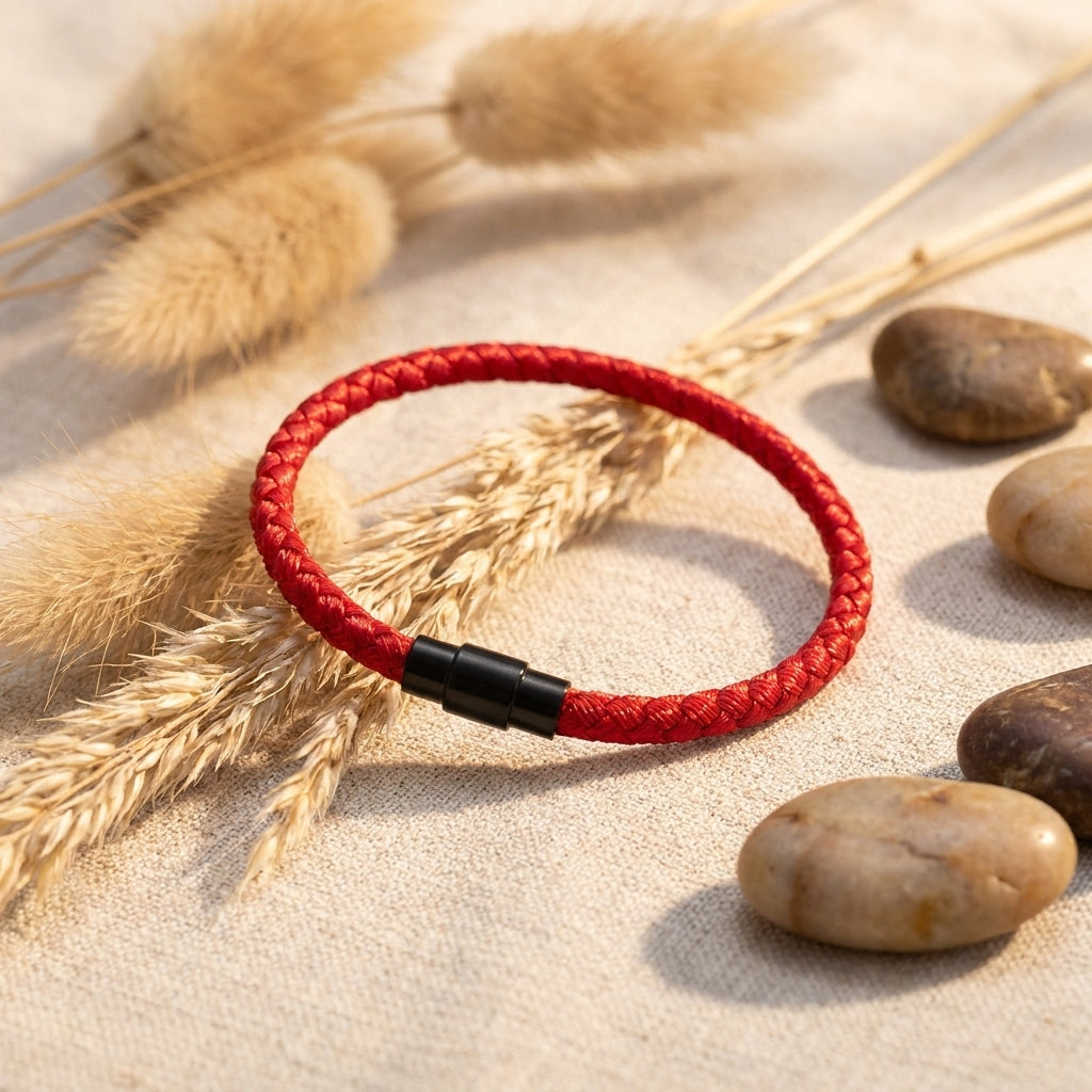 Bracelet fil rouge tressé fermoir magnétique, ambiance bohème