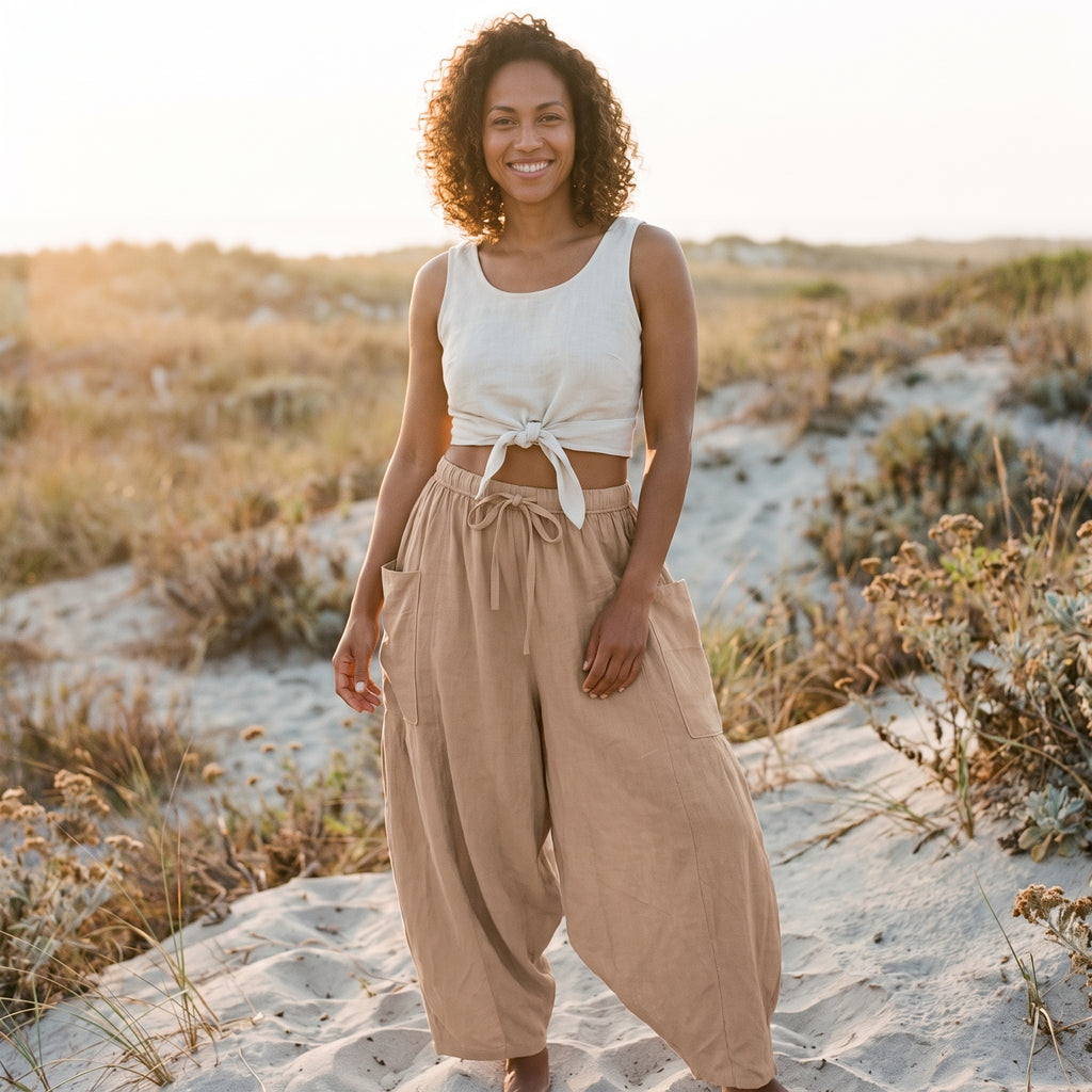Pantalon sarouel femme beige porté, modèle souriant bord de mer