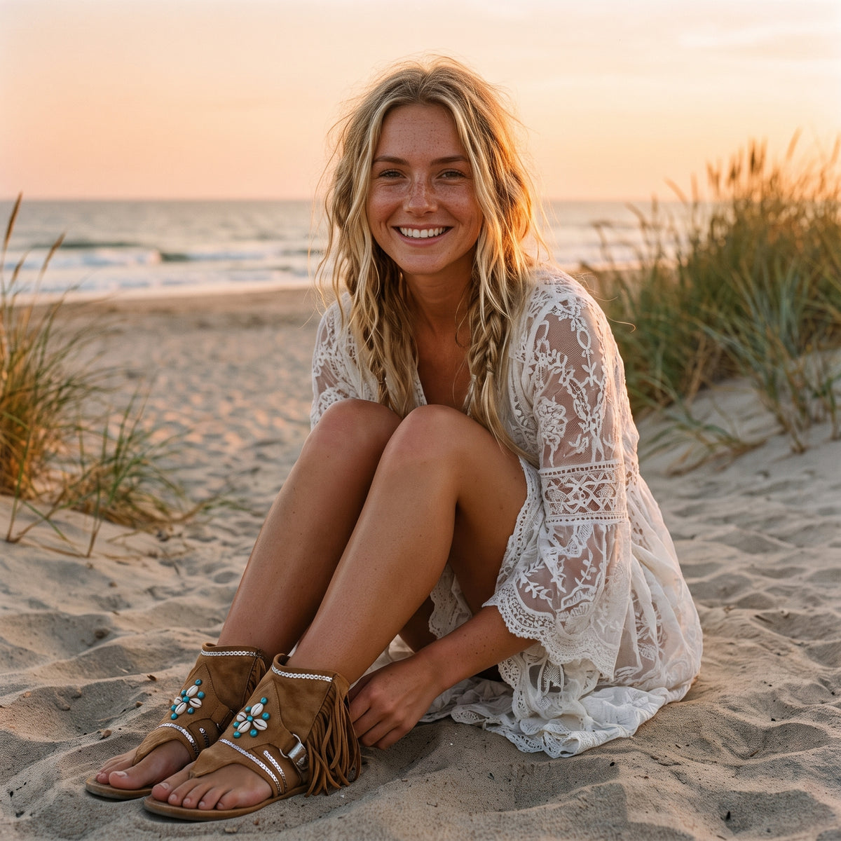 Femme bohème souriante portant les bottes-sandales hippie à franges sur la plage