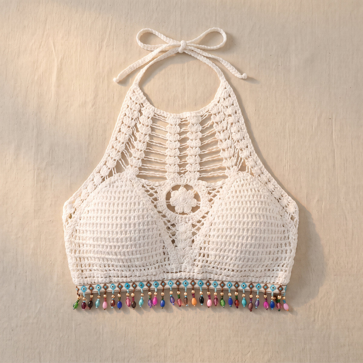 Crop top crochet ajouré à franges de perles bohème