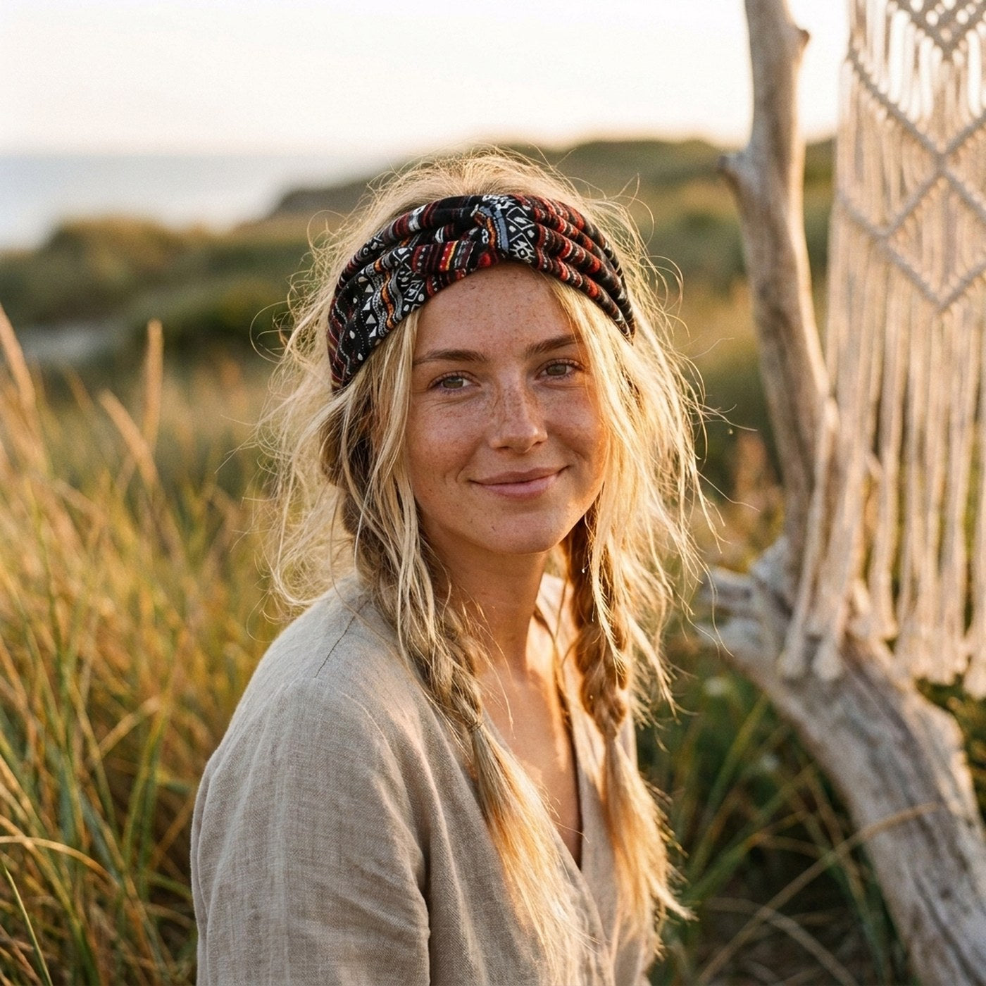 Femme portant le bandeau cheveux hippie noir à motif ethnique aztèque Image