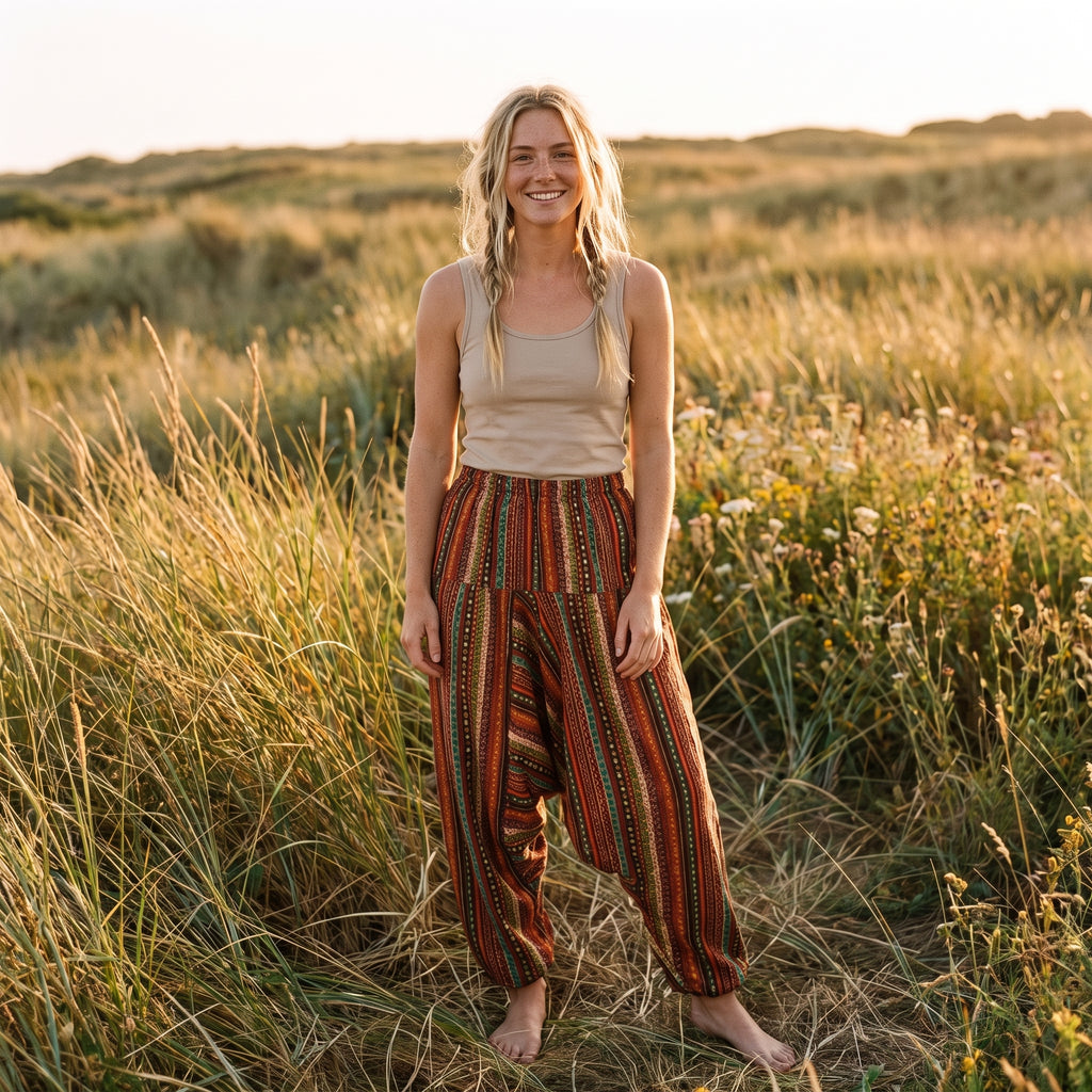 Femme souriante portant le sarouel coloré hippie dans un champ