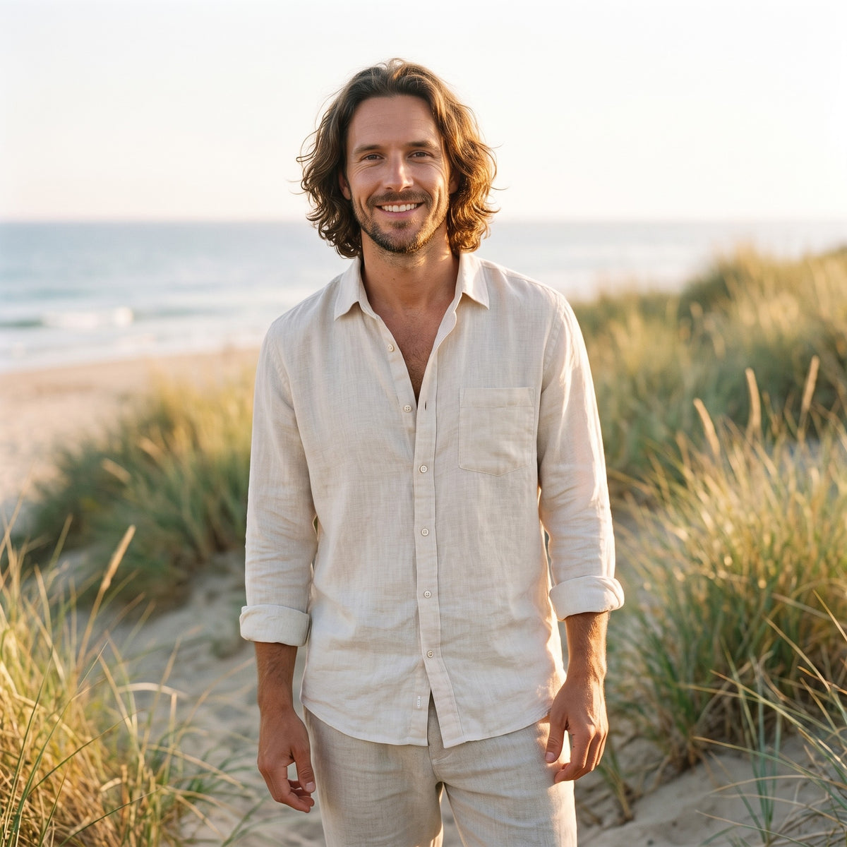 Chemise lin homme hippie ecru portee, homme souriant bord de mer