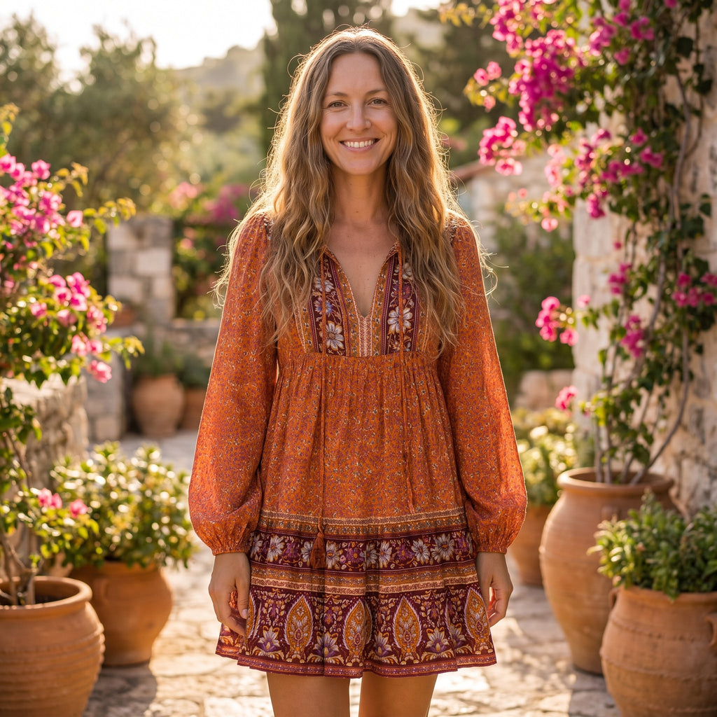 Robe hippie année 70 fleurie portée, modèle souriante en jardin bohème