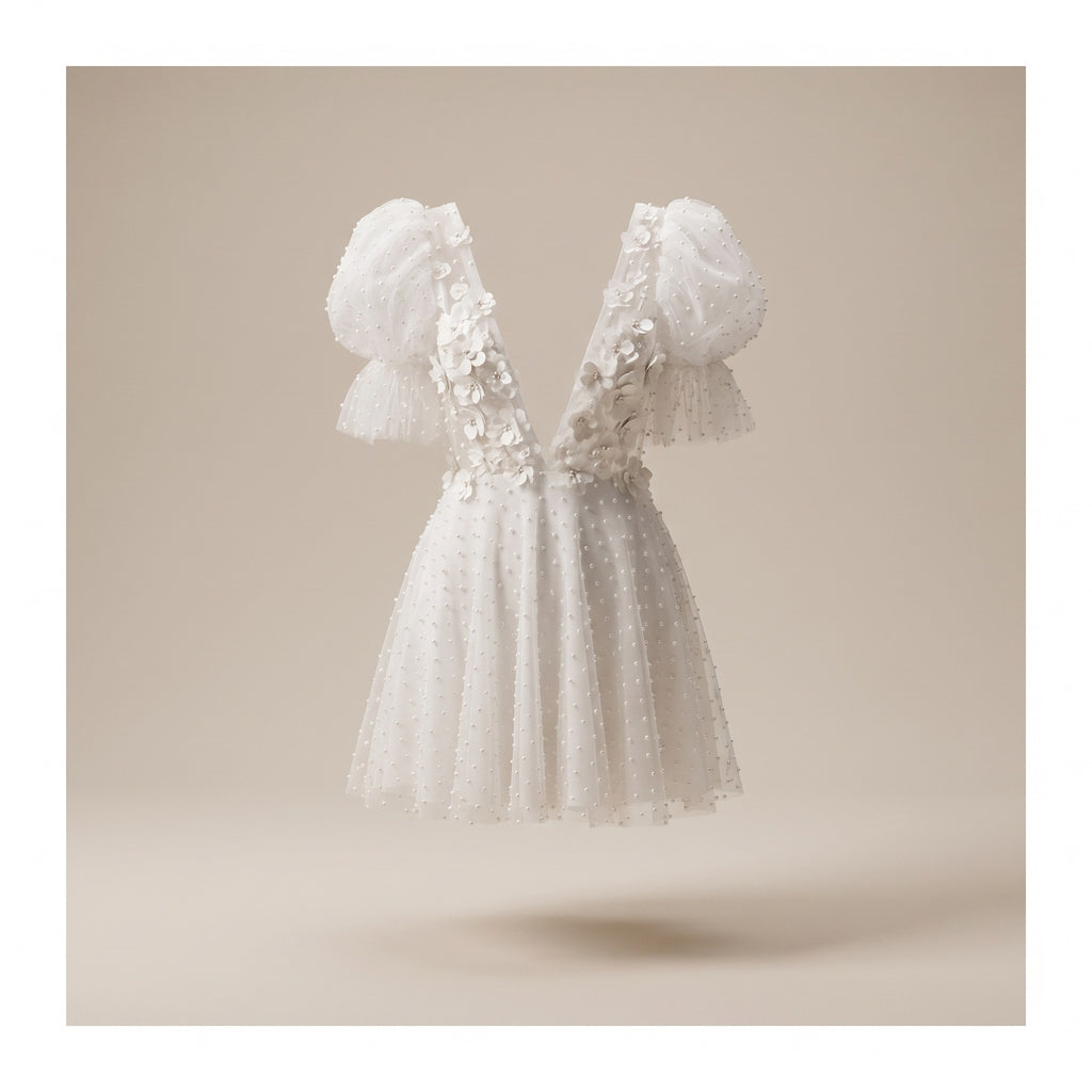 Robe de mariée hippie courte, vue ghost mannequin studio