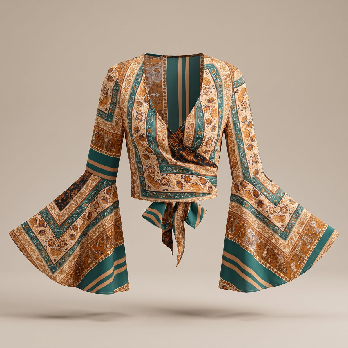 Crop-top cache-coeur imprimé foulard vert et ocre, vue de face sur fond écru