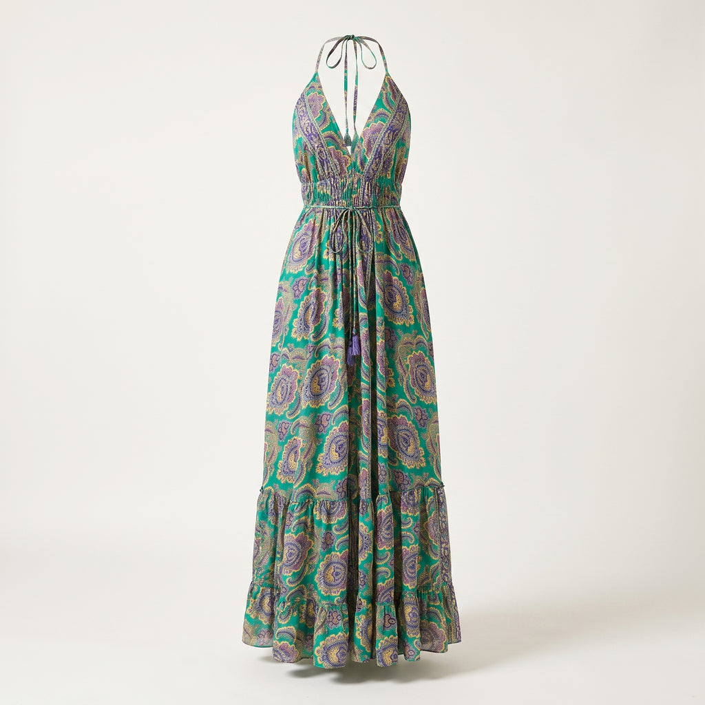 Robe longue bohème dos-nu, vue ghost mannequin studio