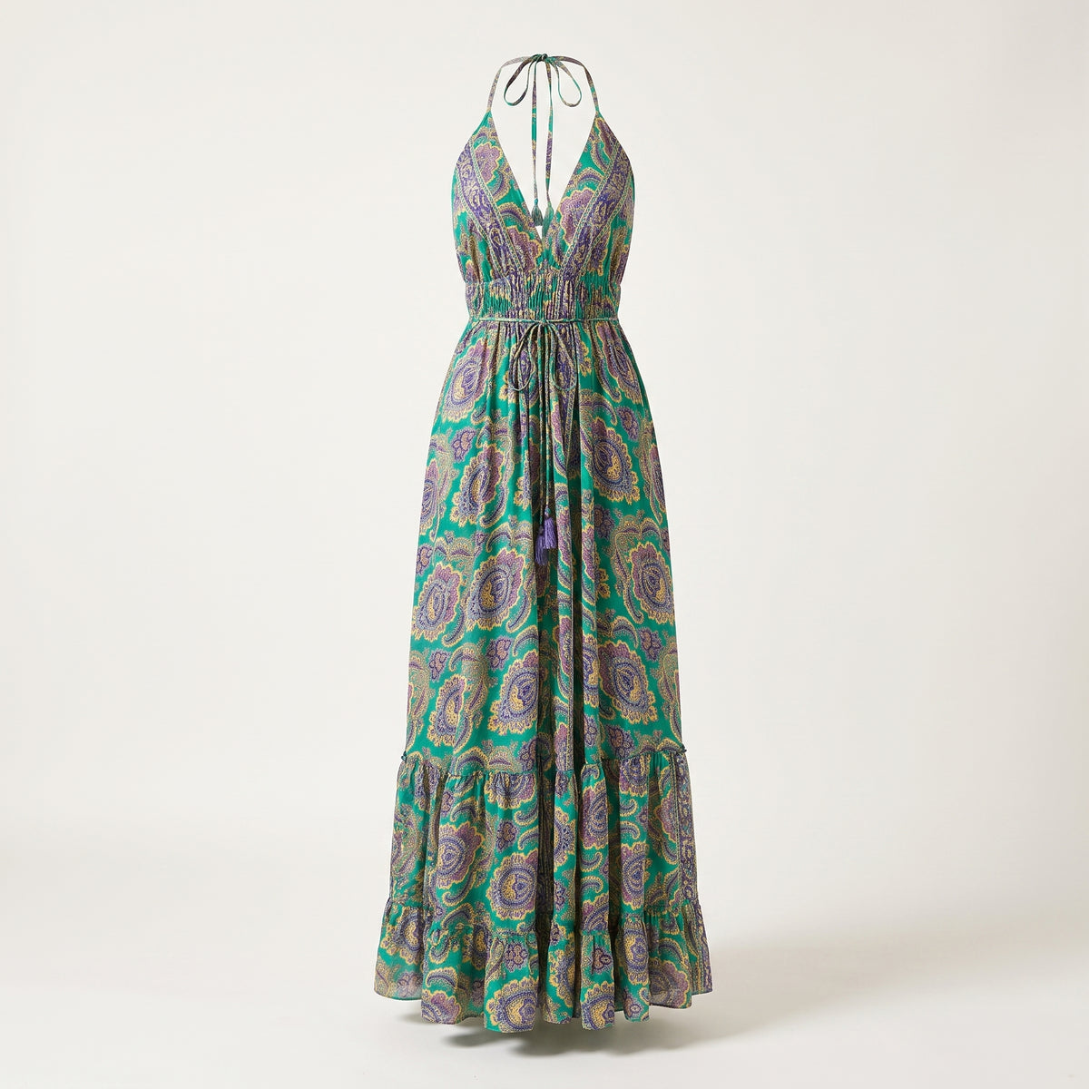 Robe longue bohème dos-nu, vue ghost mannequin studio