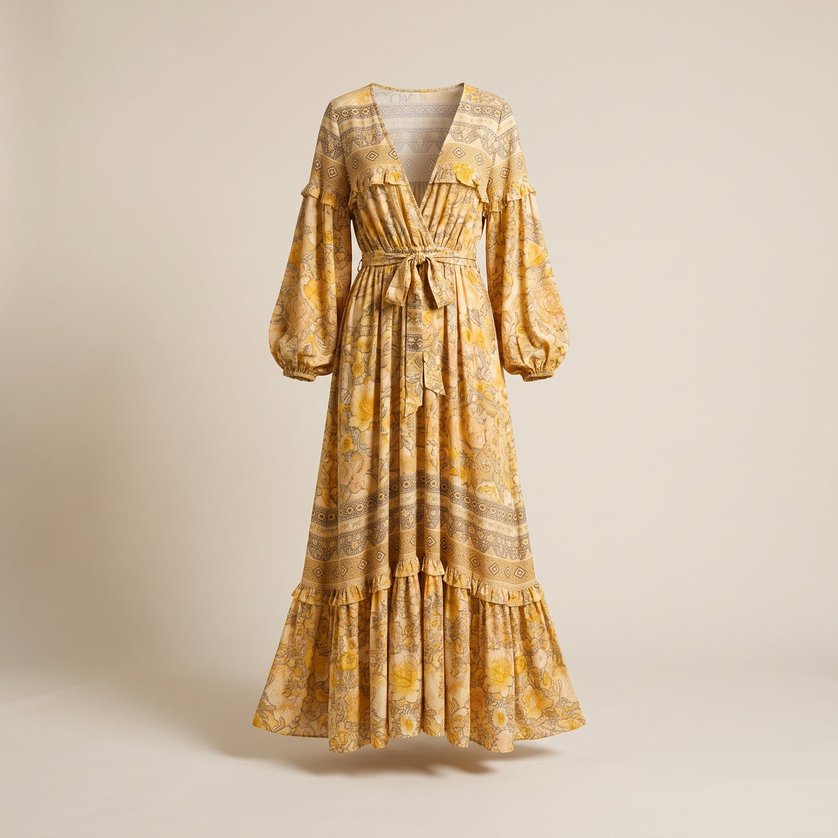 Robe longue bohème fleurie manches longues, vue ghost mannequin