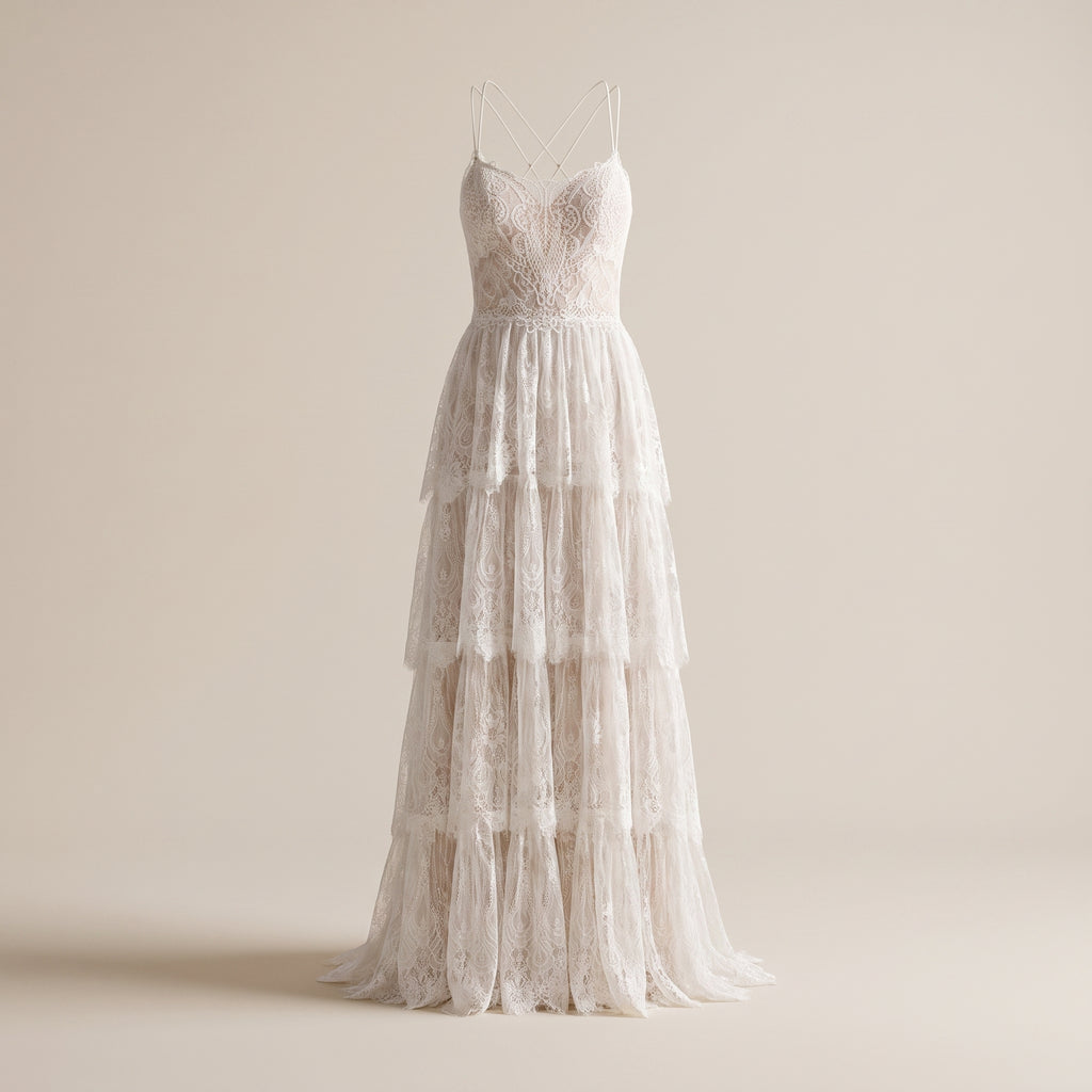 Robe de mariée bohème en dentelle, vue ghost mannequin