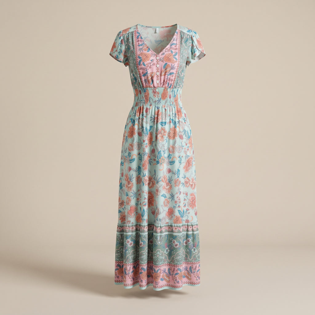 Robe longue bohème fleurie, vue ghost mannequin studio