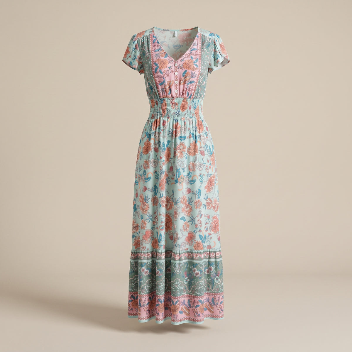 Robe longue bohème fleurie, vue ghost mannequin studio