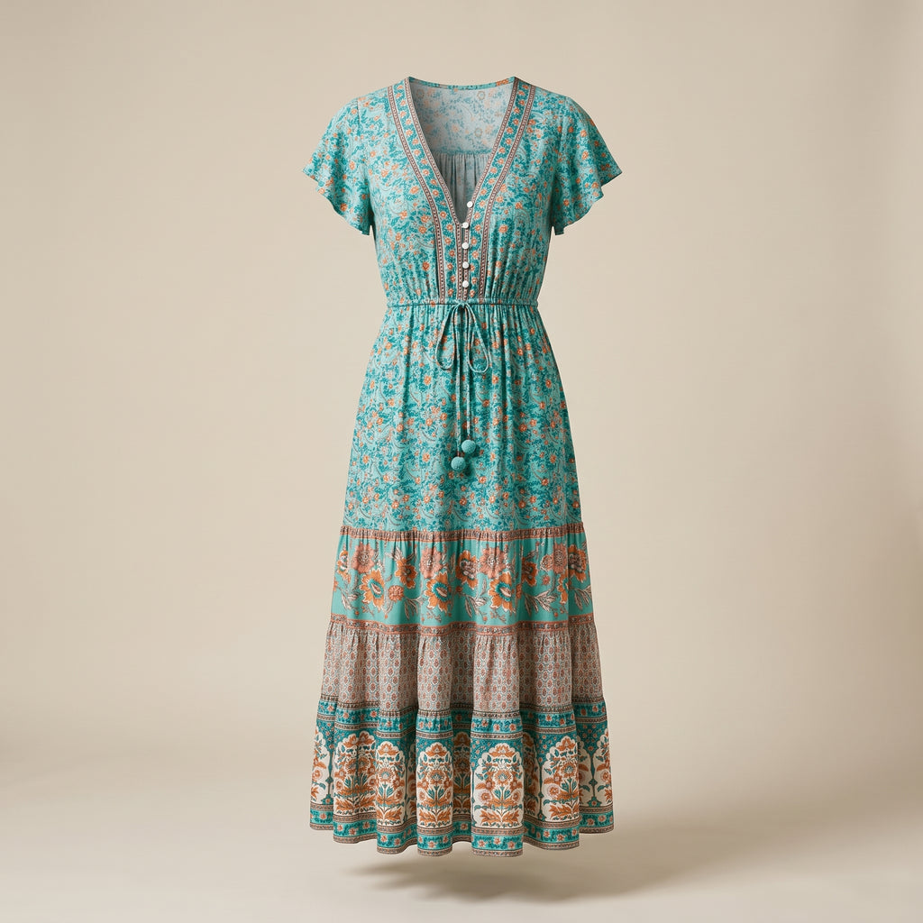 Robe midi bohème fleurie turquoise, vue ghost mannequin