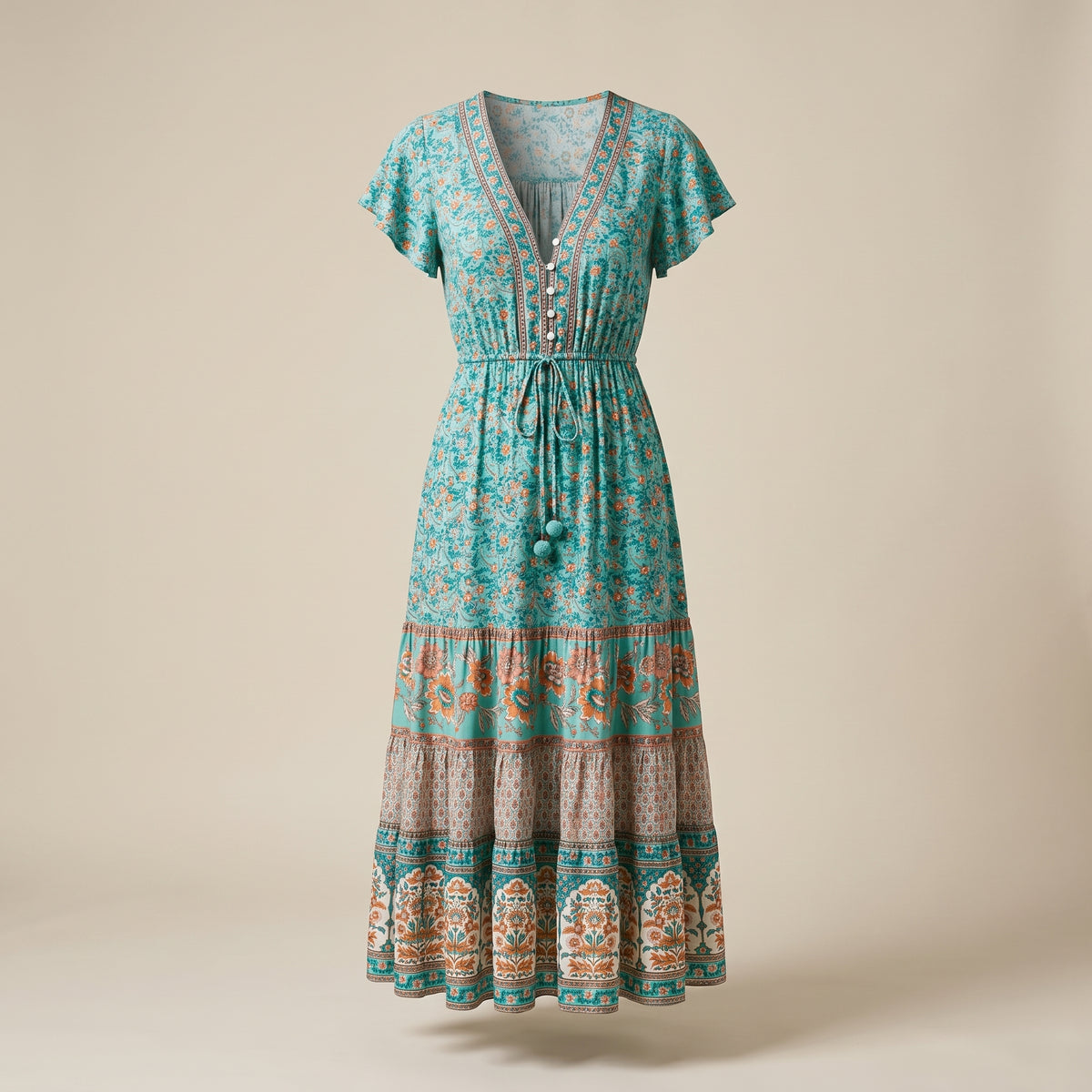 Robe midi bohème fleurie turquoise, vue ghost mannequin