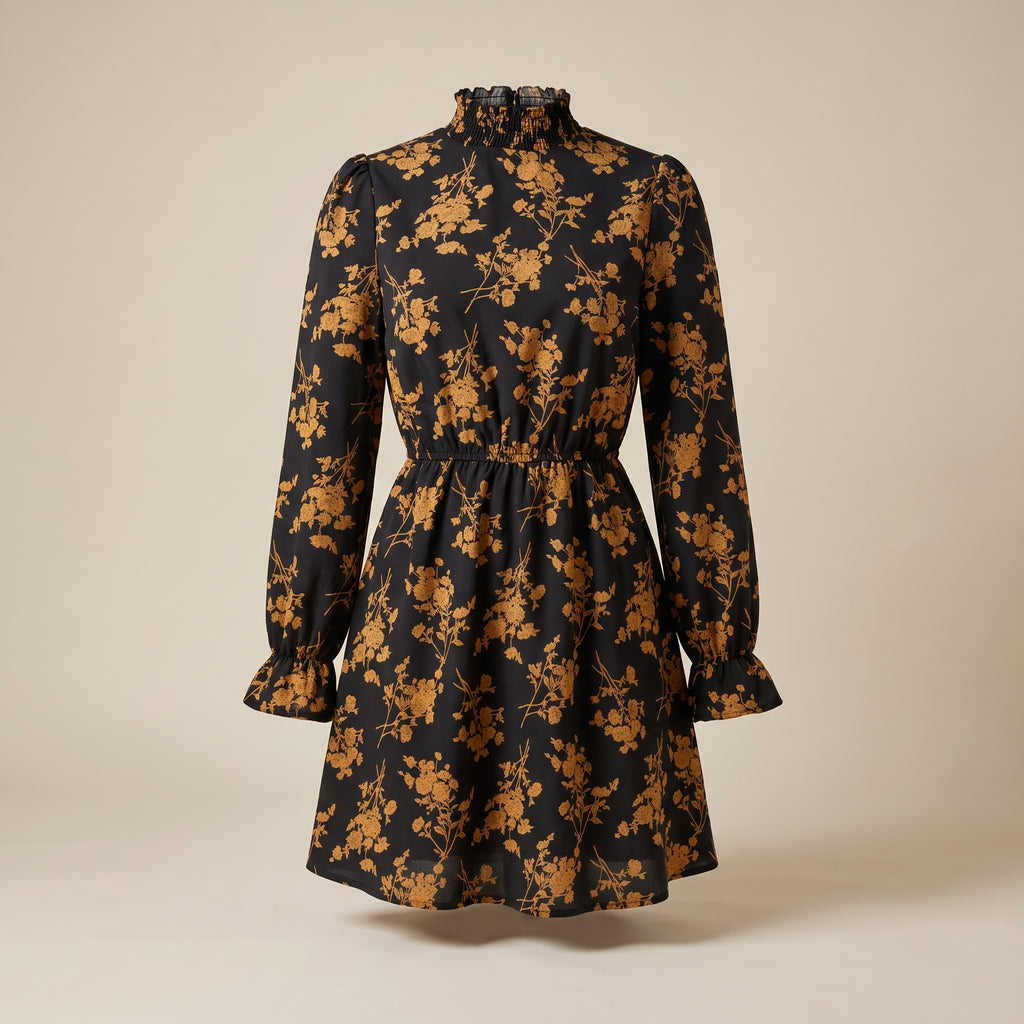Robe courte bohème noire à fleurs moutarde, vue studio sur mannequin invisible