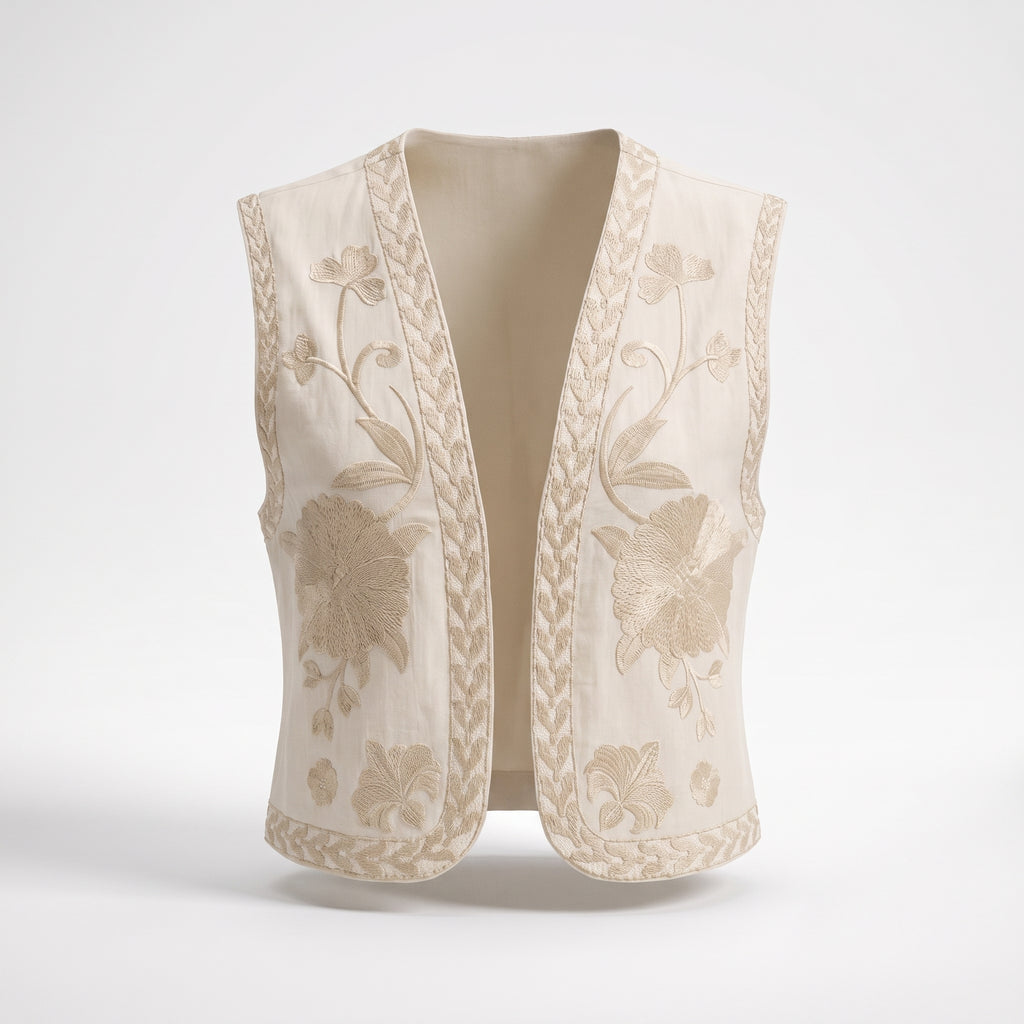 Gilet sans manches brodé bohème aux broderies beiges, mannequin fantôme