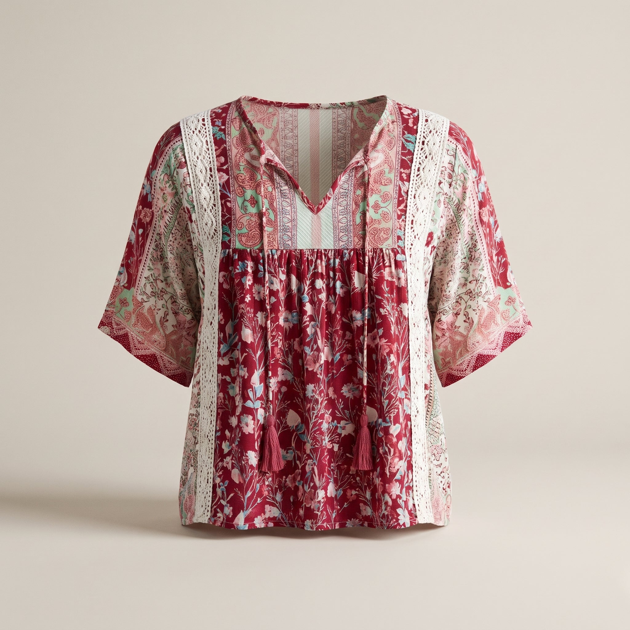 Blouse hippie fleurie en dentelle crochet sur mannequin invisible, coupe et tombé Image