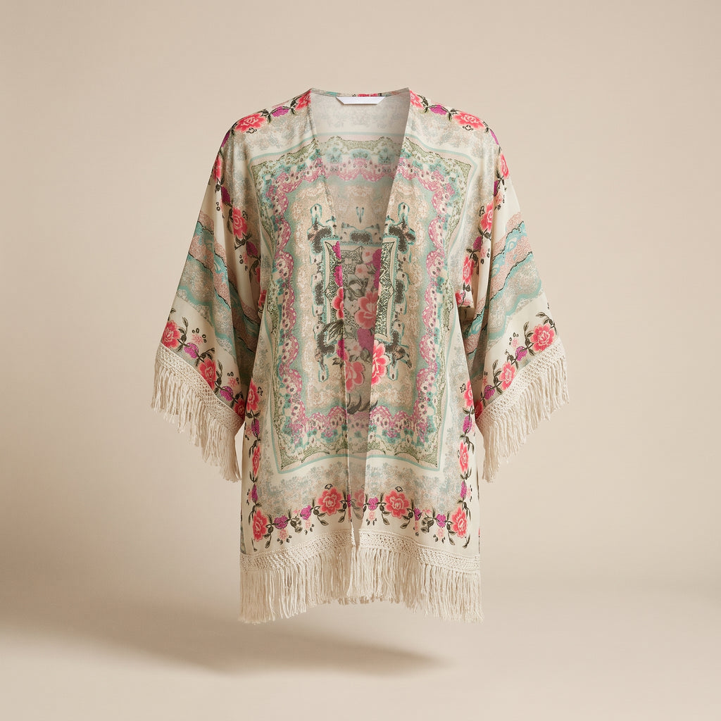 Gilet kimono fleuri à franges macramé, vue de face sur fond écru