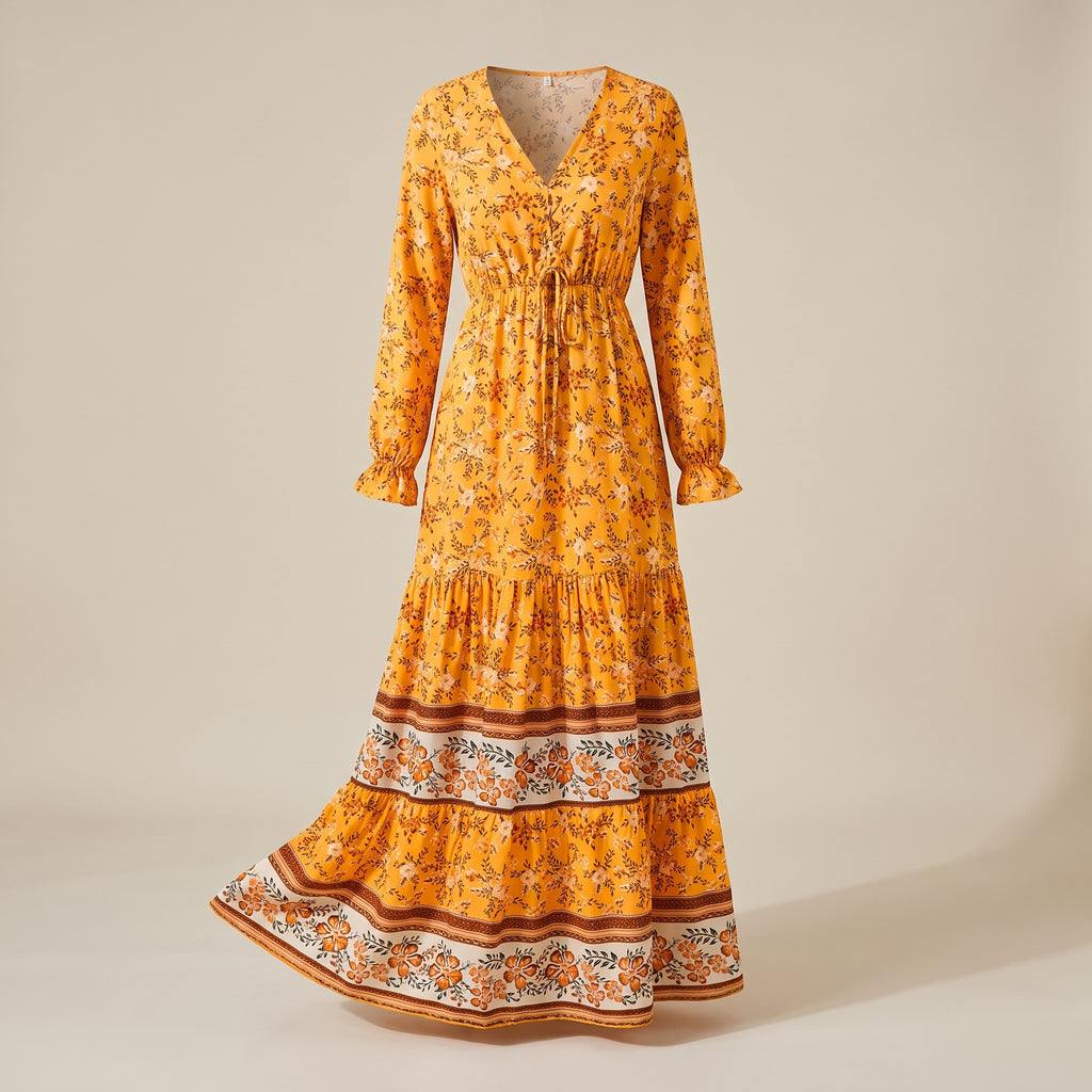Robe longue bohème jaune à fleurs, coupe maxi à volant