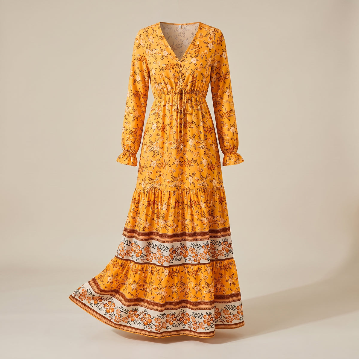 Robe longue bohème jaune à fleurs, coupe maxi à volant