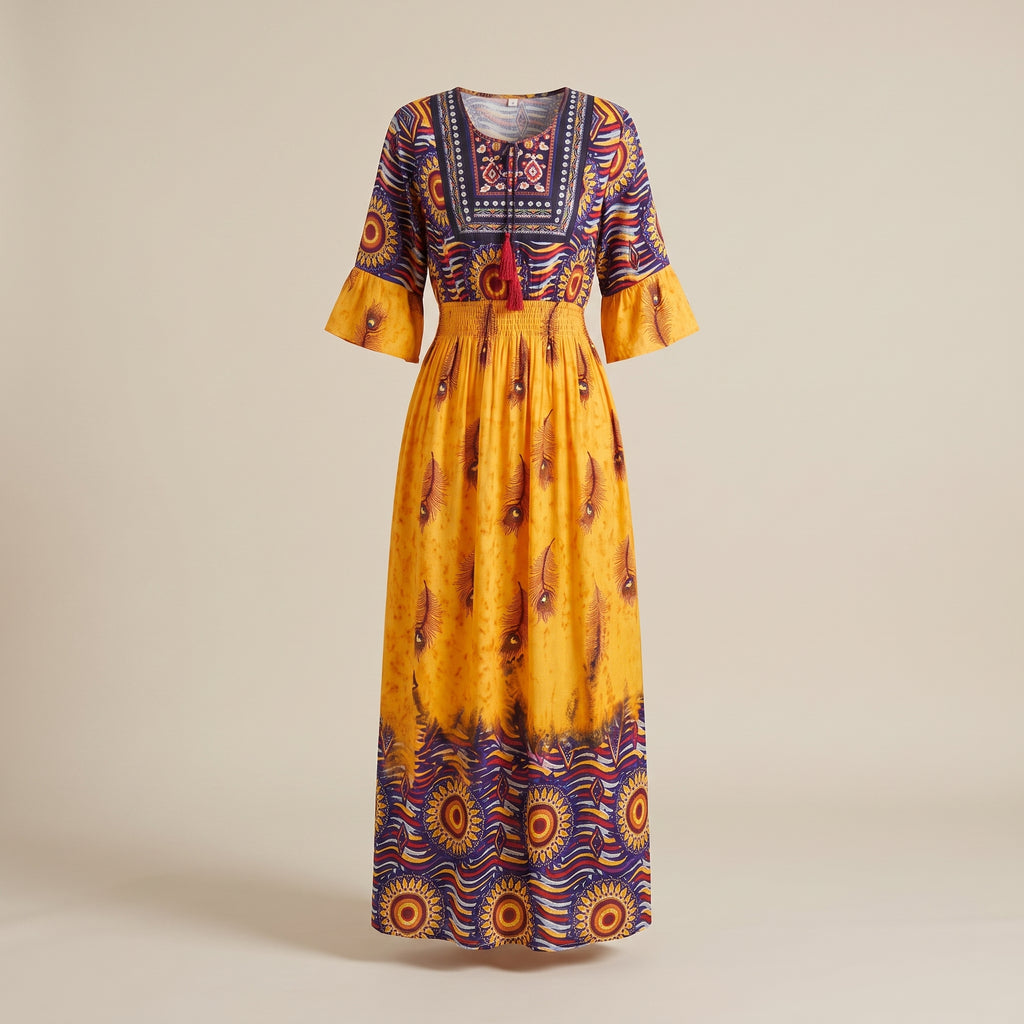 Robe longue indienne bohème jaune, empiècement brodé et bordure mandala