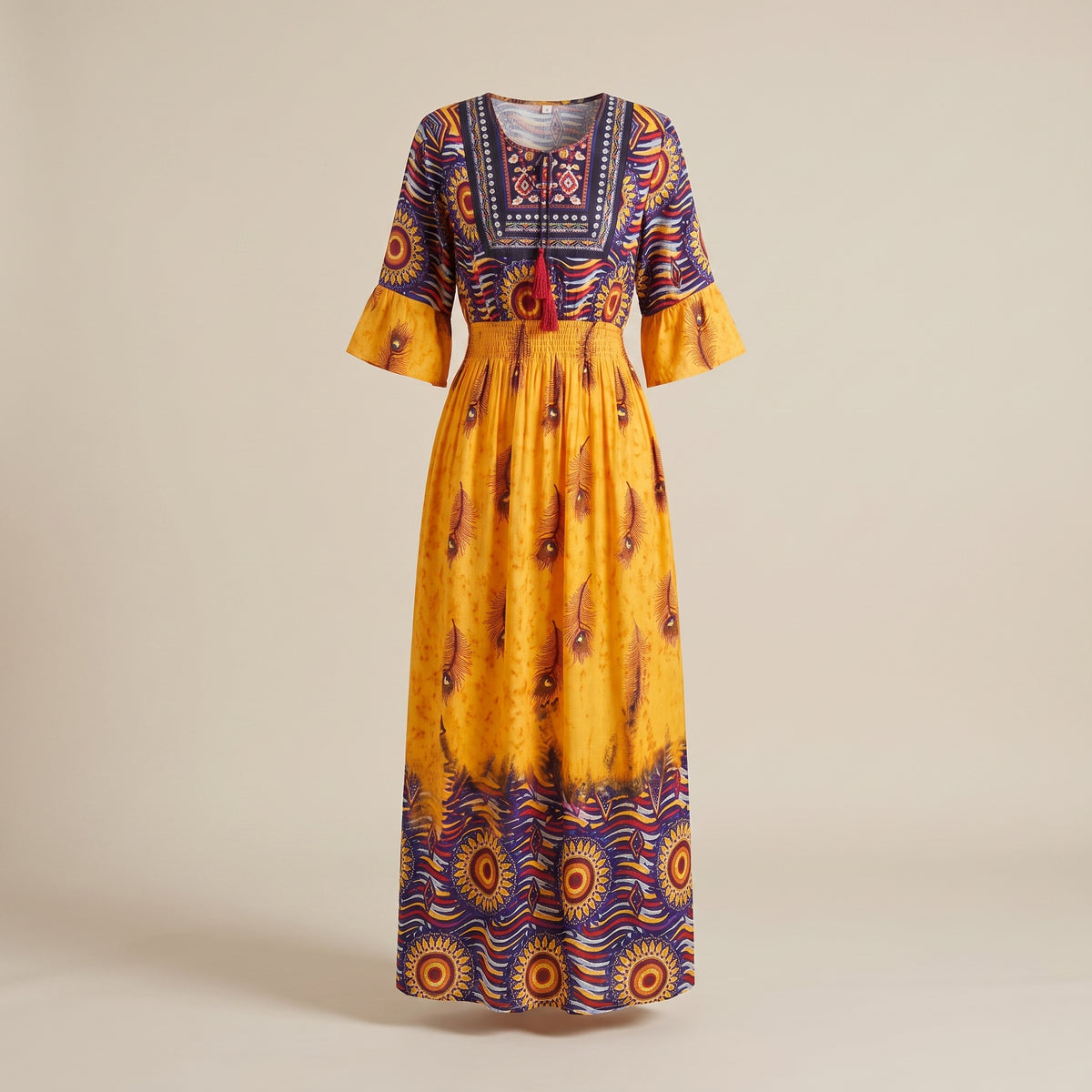 Robe longue indienne bohème jaune, empiècement brodé et bordure mandala