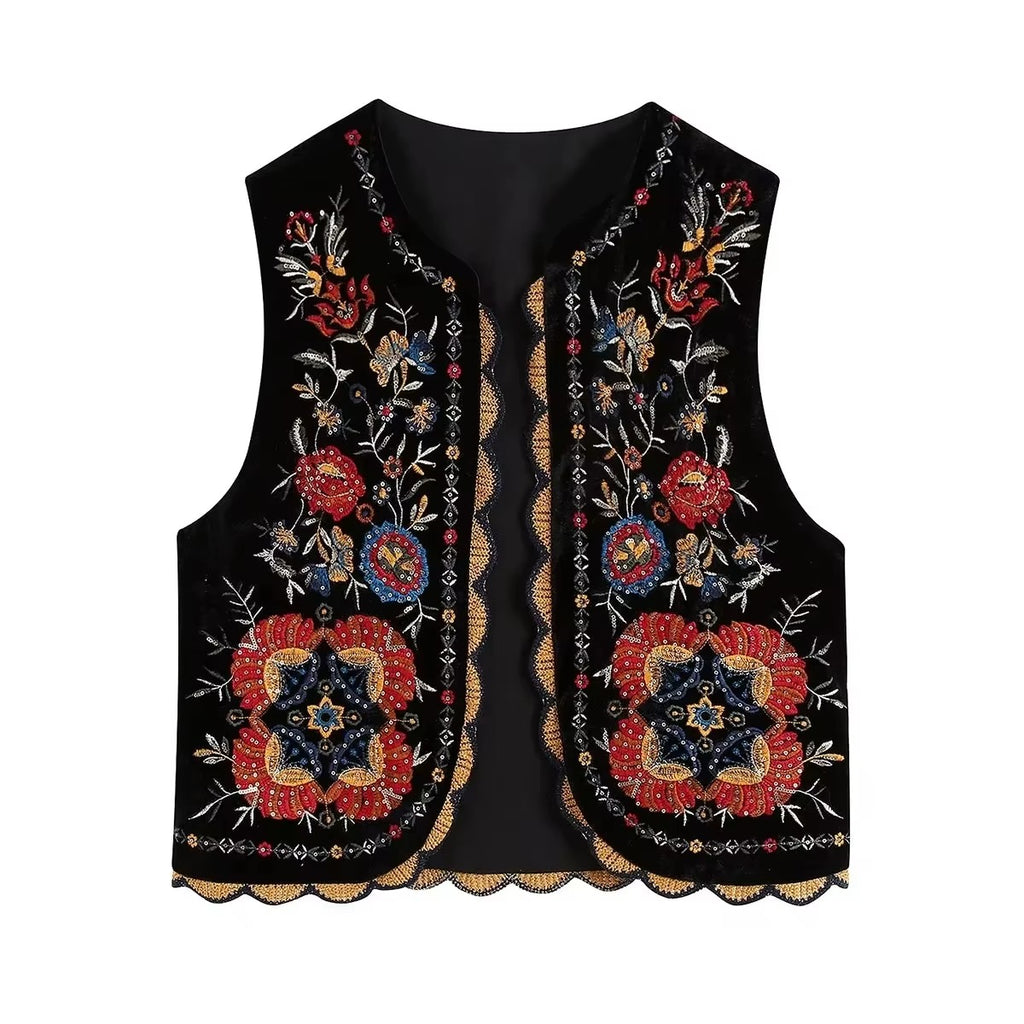 Gilet sans Manches en Velours Brodé