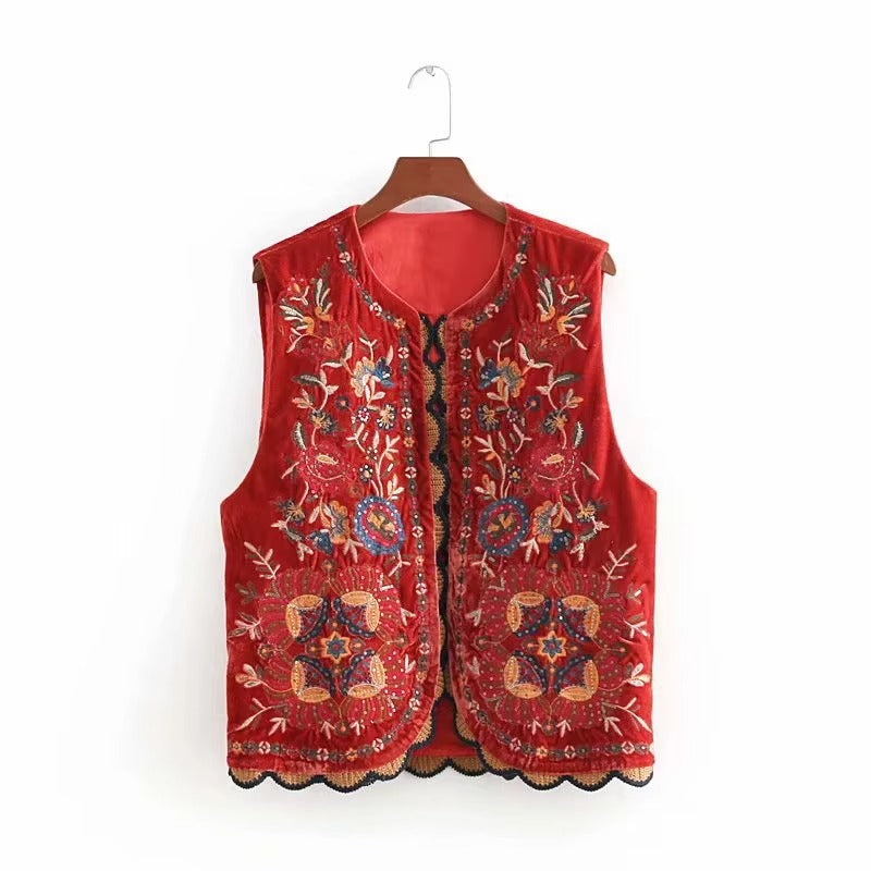 Gilet sans Manches en Velours Brodé