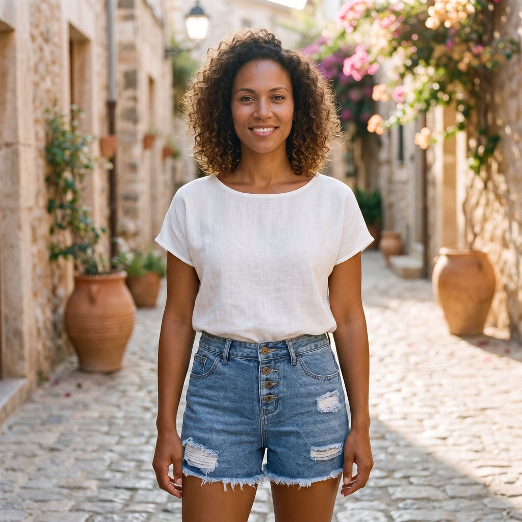 Modèle souriante portant un short en jean déchiré taille haute, ruelle méditerranéenne pavée