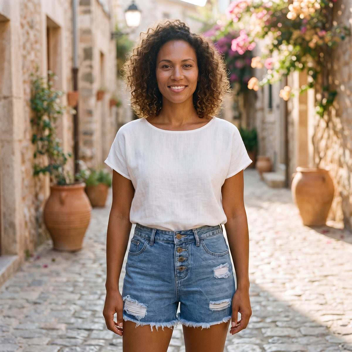 Modèle souriante portant un short en jean déchiré taille haute, ruelle méditerranéenne pavée