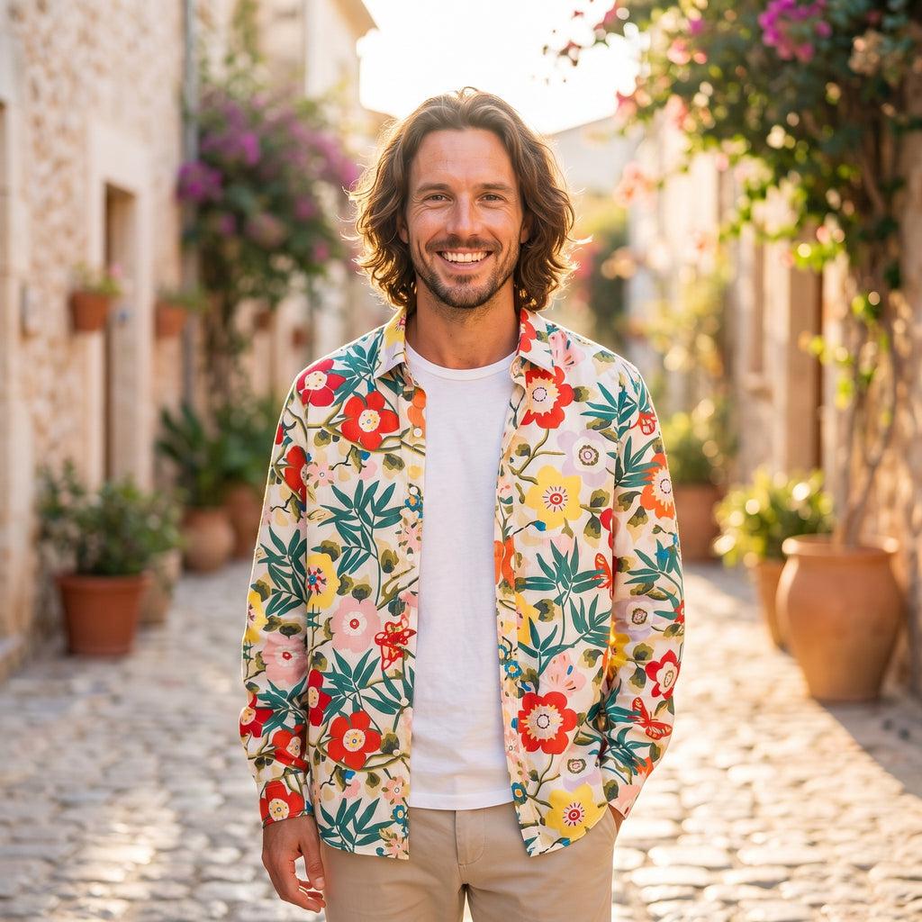Modèle souriant portant la chemise hippie homme à fleurs sur fond blanc, manches longues
