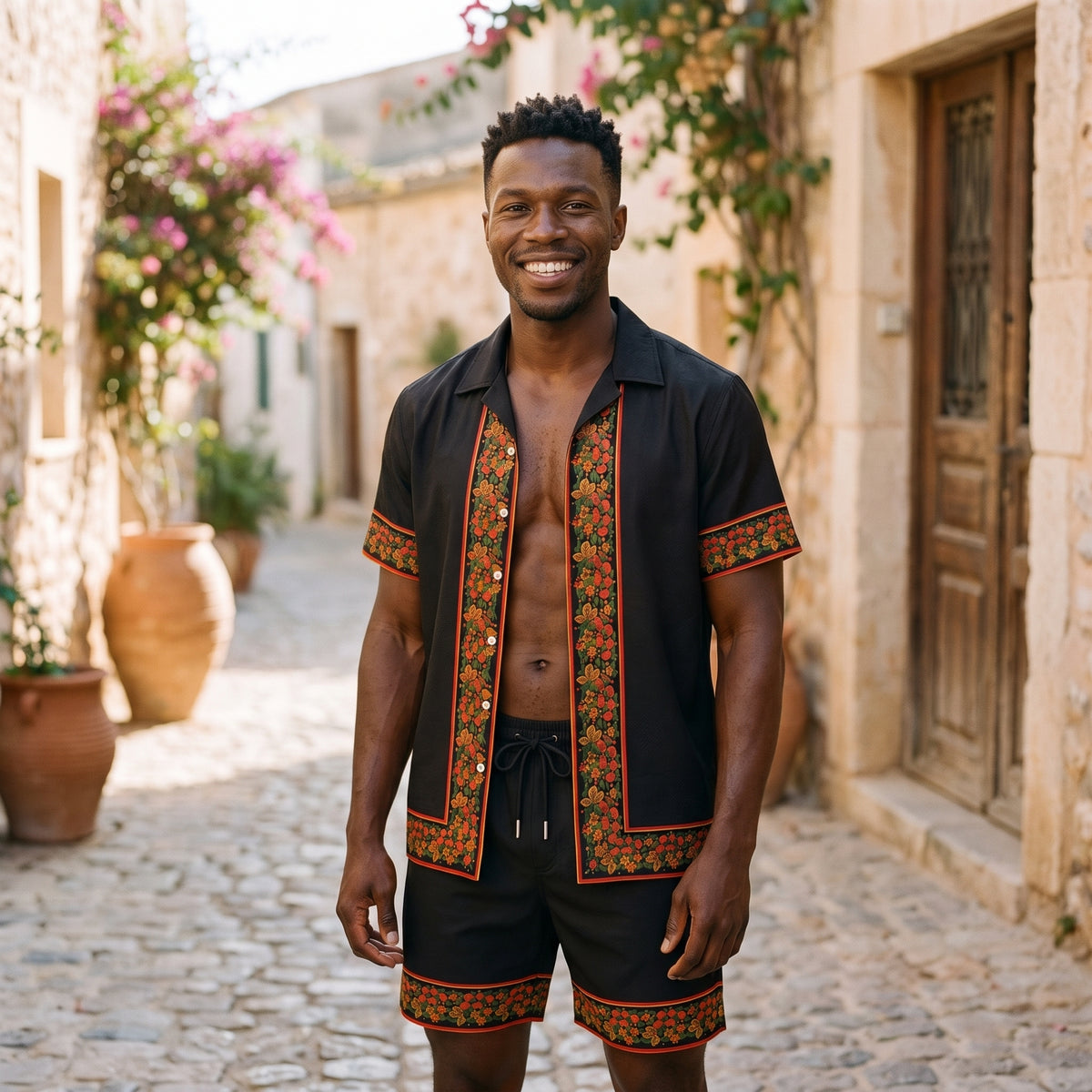 Ensemble chemise et short hippie homme porté par un modèle souriant