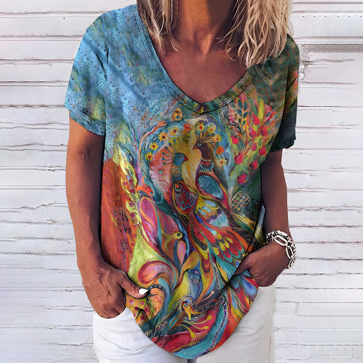 T-shirt hippie imprime paon bleu