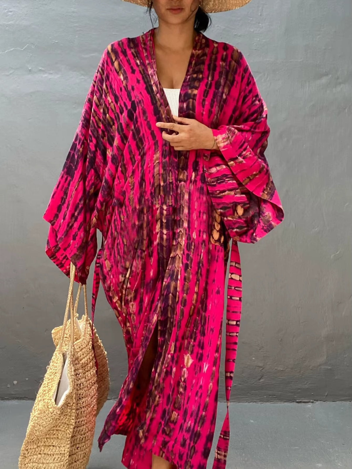 Kimono Long Bohème Imprimé Tie-Dye Fuchsia