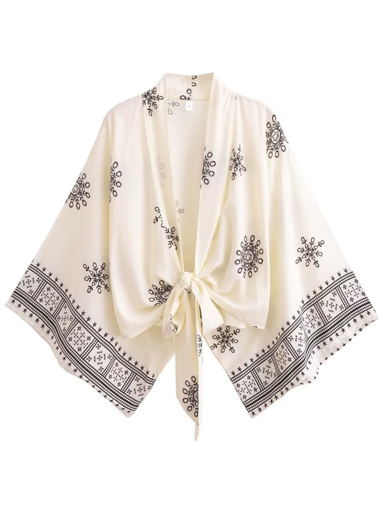 Kimono Court à Nouer Imprimé Végétal