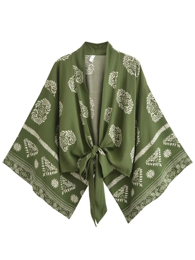Kimono Court à Nouer Imprimé Végétal
