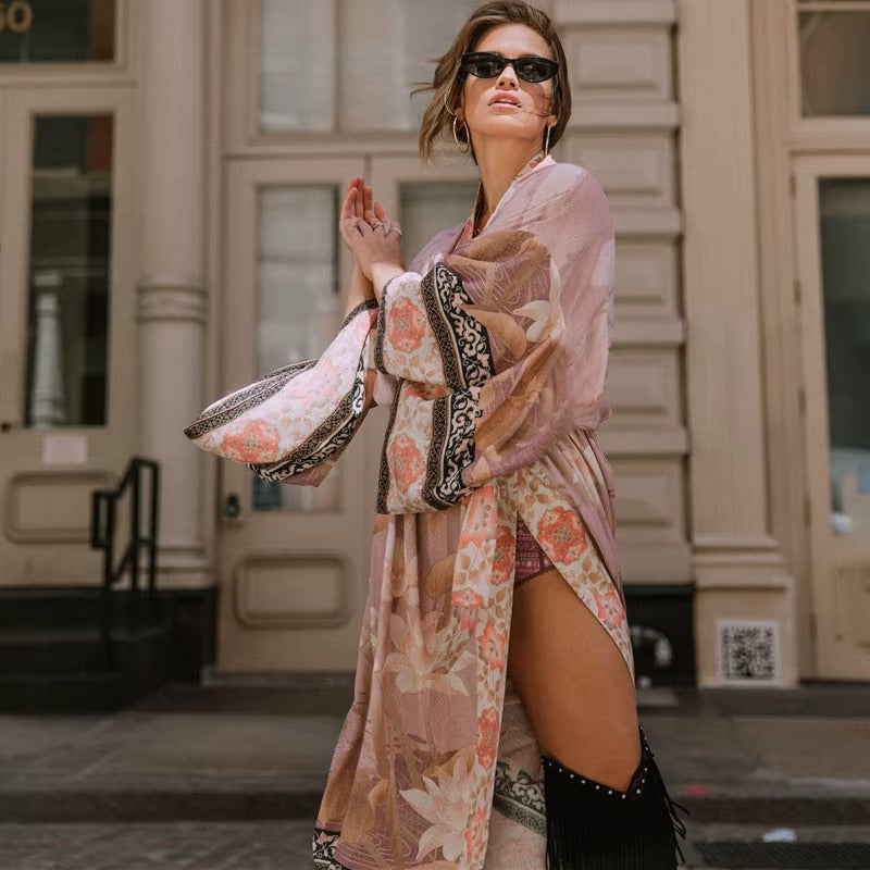 Kimono Long Bohème Imprimé Floral "Ethereal"