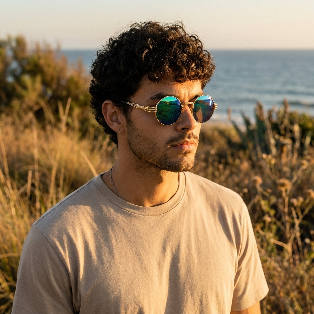 Homme portant les lunettes de soleil rondes hippie verres bleus au bord de mer