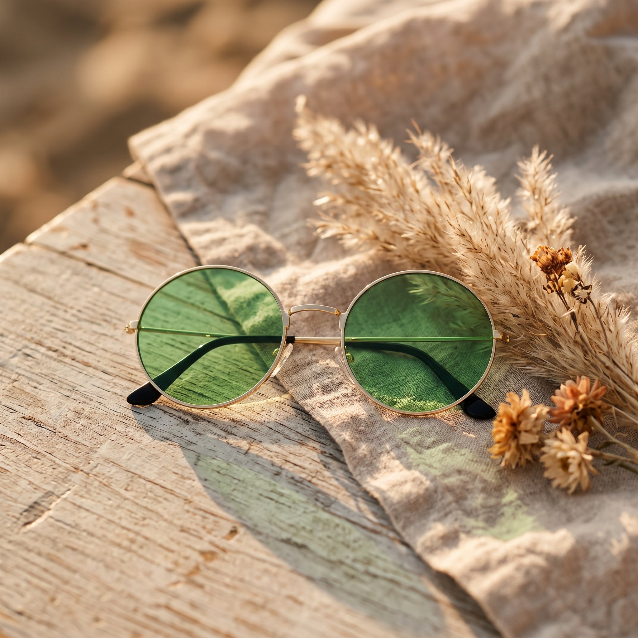 Lunettes de soleil rondes hippie verres verts posées sur bois et lin, pampa et fleurs séchées, golden hour Image