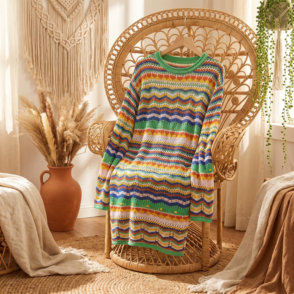 Robe pull hippie maille crochet multicolore décor bohème