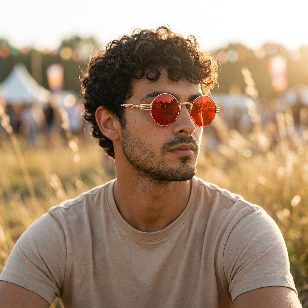 Homme portant les lunettes de soleil rondes hippie verres rouges en festival