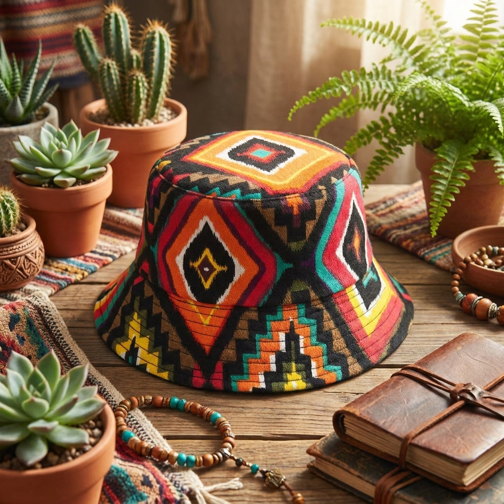 Bob hippie homme motif aztèque en décor bohème