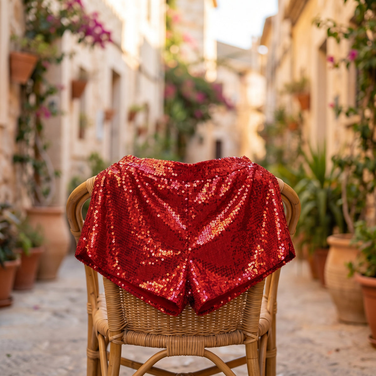 Short à paillettes rouge drapé sur une chaise en rotin, terrasse méditerranéenne ensoleillée