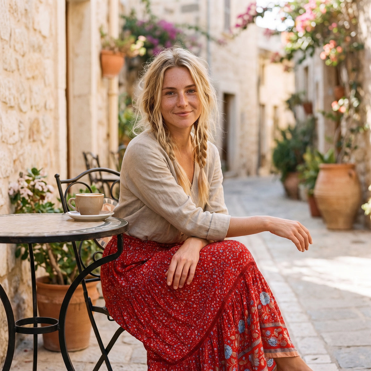 Modèle souriante assise à une terrasse de café, jupe longue hippie à fleurs rouge