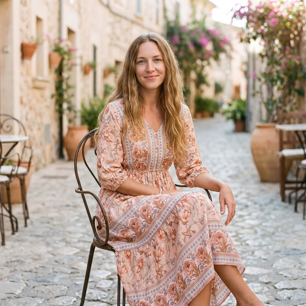 Modèle souriant en robe midi bohème fleurie, terrasse méditerranéenne