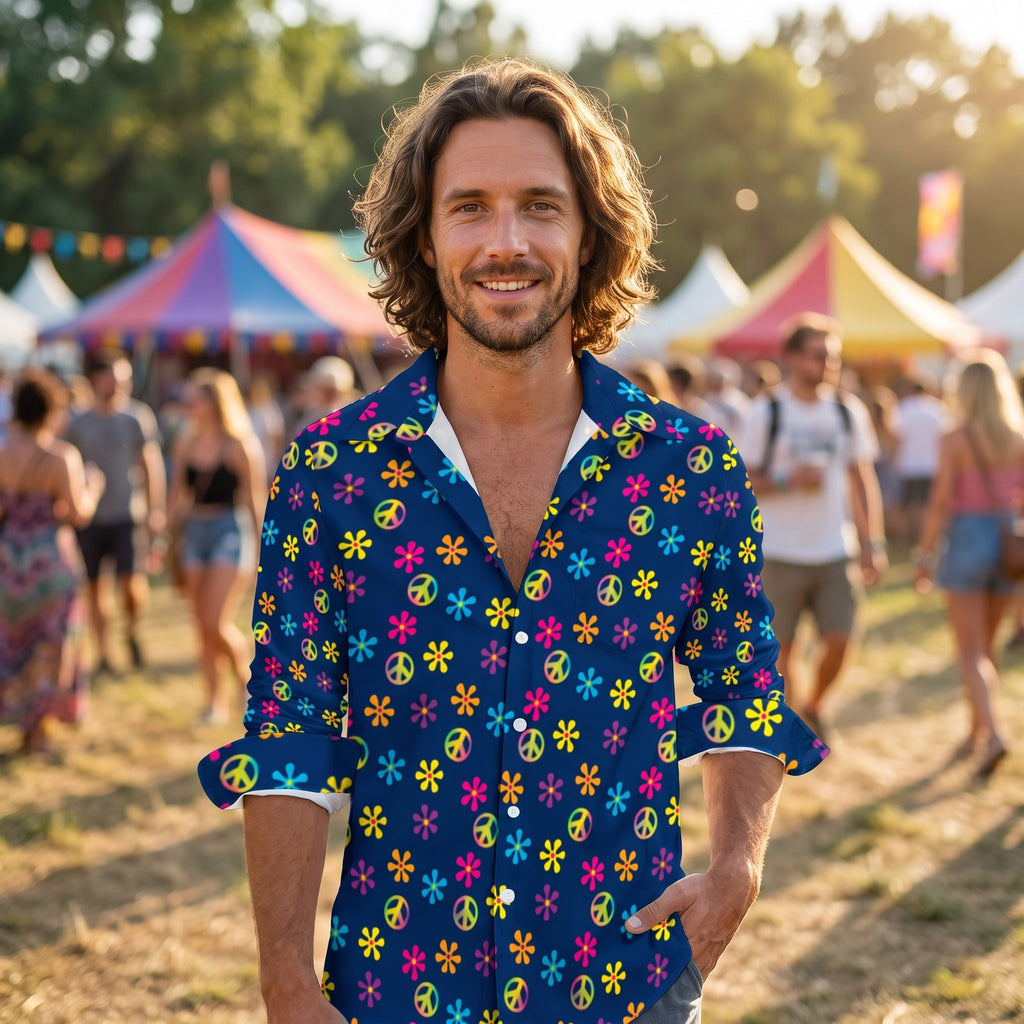 Chemise hippie homme bleu nuit fleurs et signes peace en festival