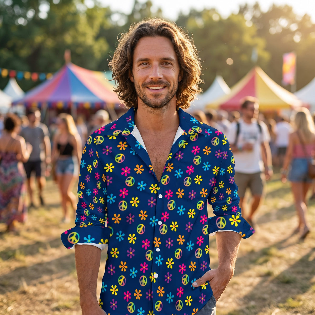 Chemise hippie homme bleu nuit fleurs et signes peace en festival