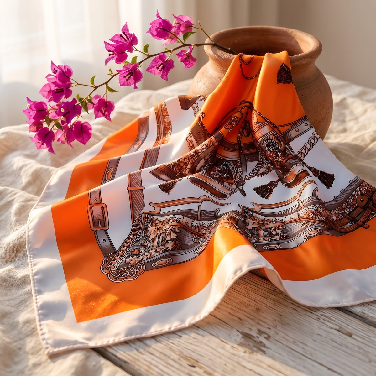 Foulard cheveux hippie en satin orange à imprimé baroque, drapé sur un lin clair avec un pot en terre cuite et du bougainvillier