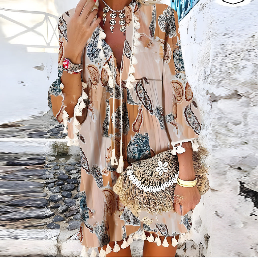 Robe hippie année 70 bohème à imprimé cachemire et pompons crème